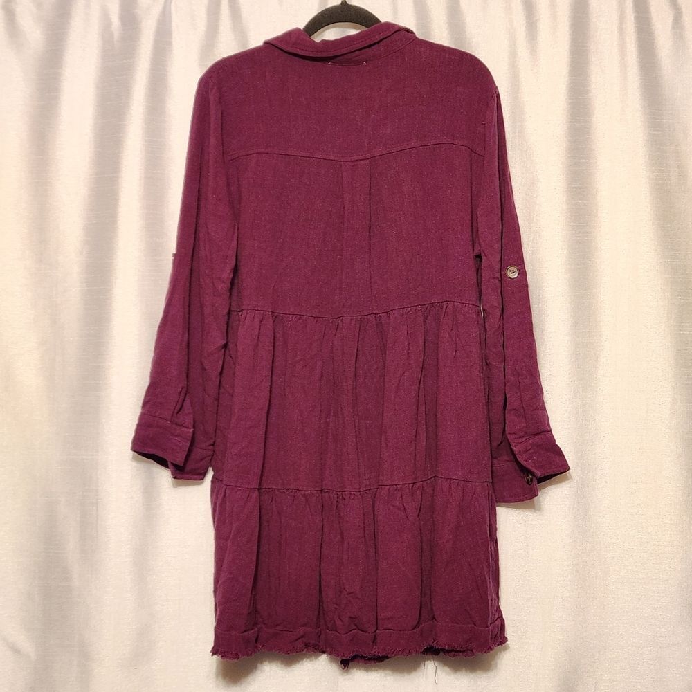 White Birch Linen Blend Tiered Magenta Raw Hem Cuff Short Sleeve Dress
